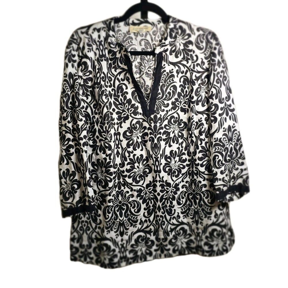 Jones New York Sport Linen Tunic Top Women's M Black‎ White Damask